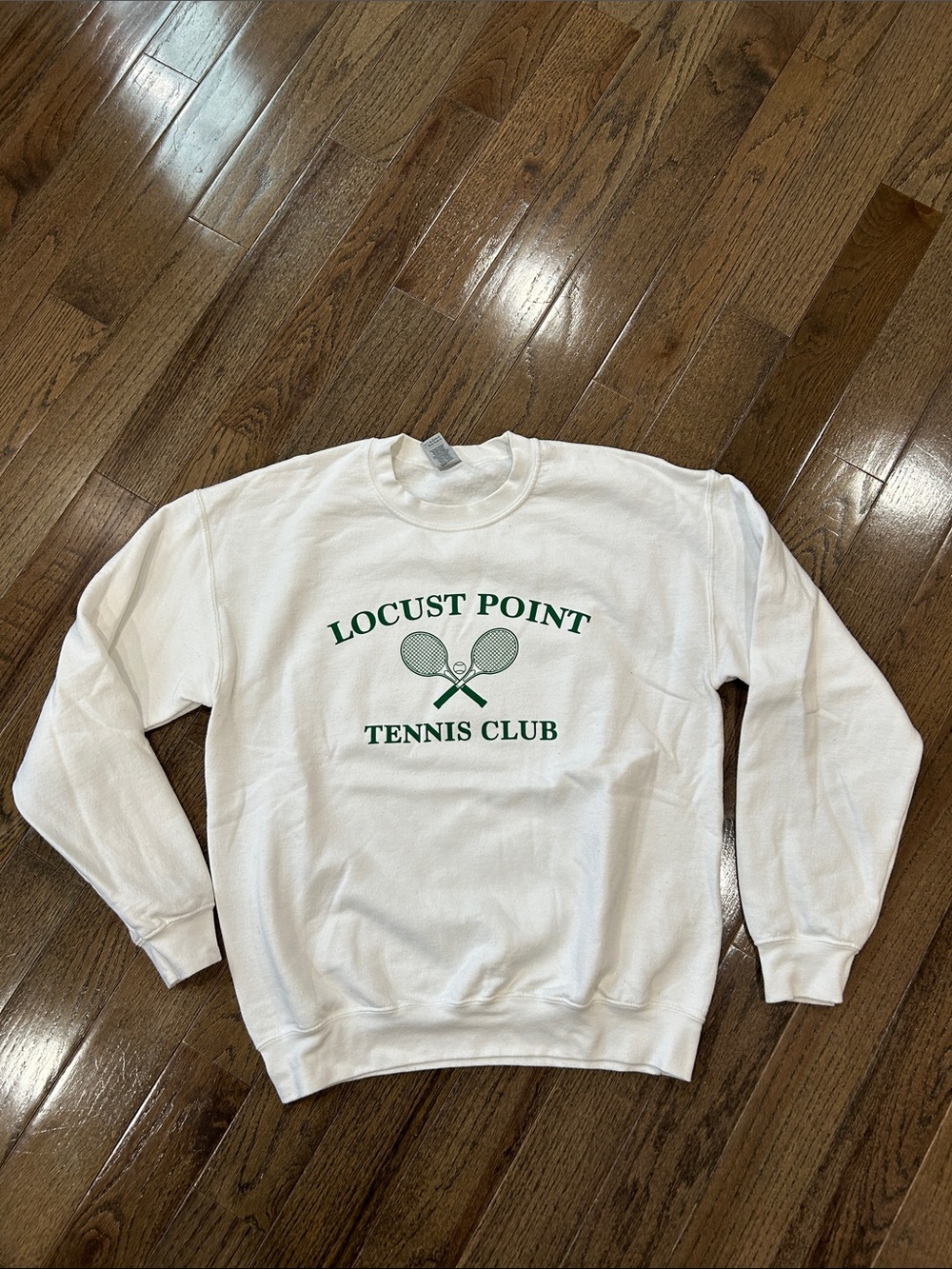Gildan White Crewneck Sweatshirt with Green Locust Point Tennis Club Logo